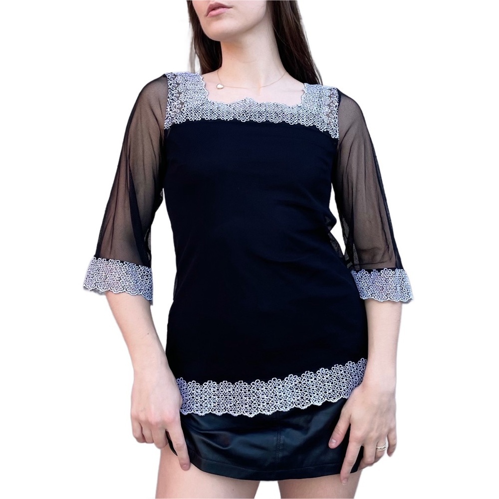 Y2K Vintage Nicole Miller Sheer Mesh Lace Trim 3/4 Sleeve Whimsigoth Top Small